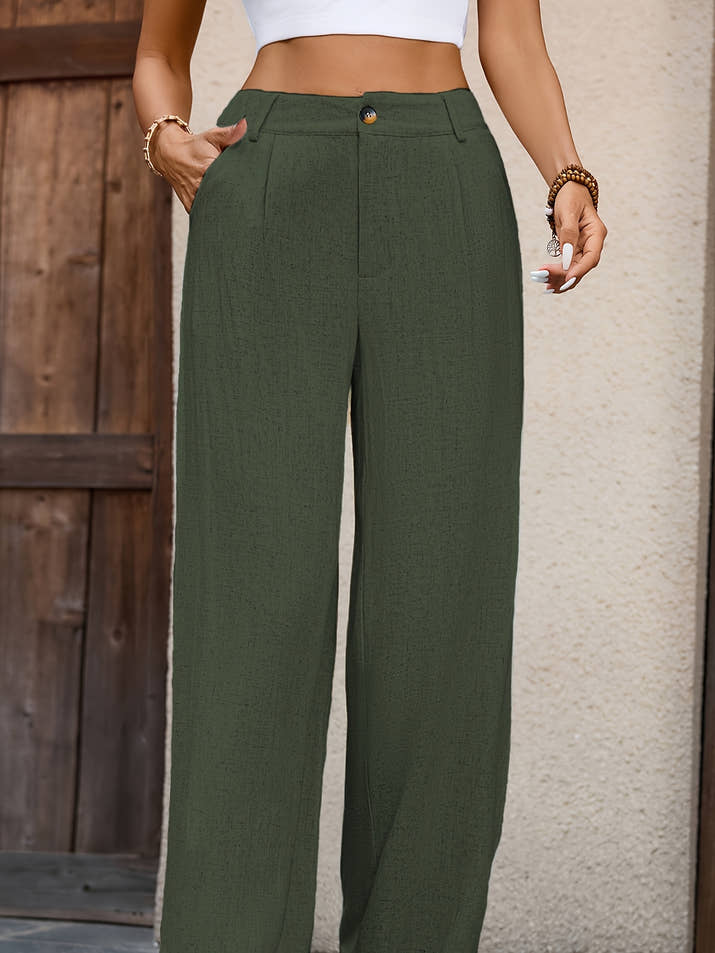 Serena Pleated Wide-Leg Trousers – Olive Elegance