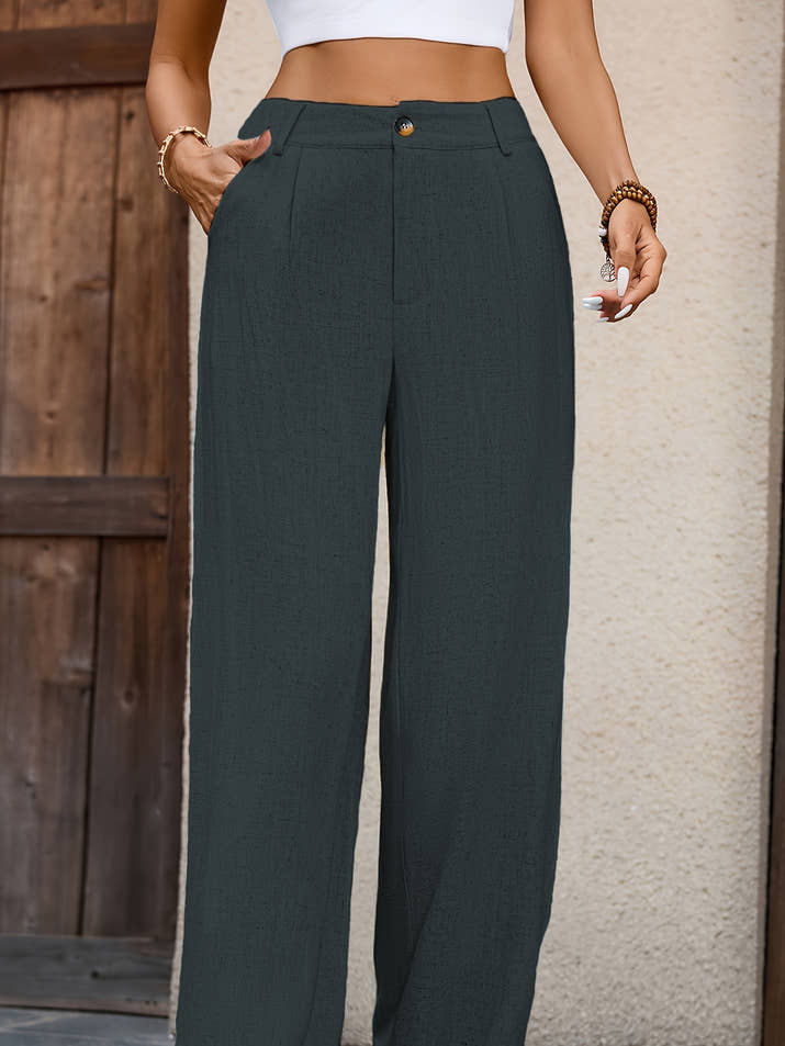 Serena Pleated Wide-Leg Trousers – Olive Elegance